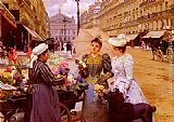Louis Marie De Schryver Canvas Paintings - Marchande De Fleurs, Avenue De L'Opera
